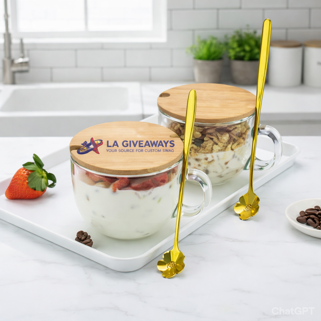 DW-mug-Esh-15 Glass Cups with Wooden Lid and Spoon promotional for office - Image 1